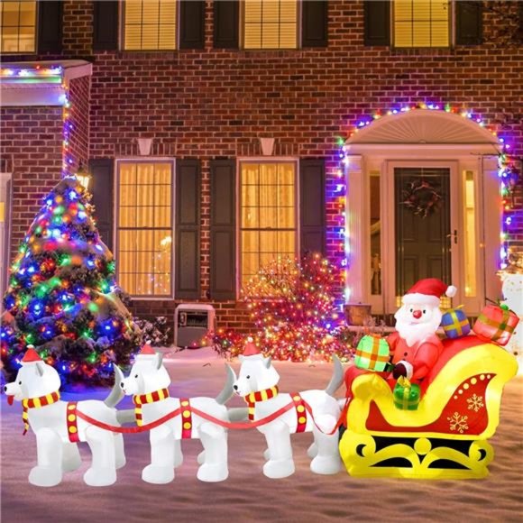 8FT Long Christmas Inflatable Weiner Dog Sled with Polar  10 FT Christmas Inflatable Santa with Sled Dogs Blow Up Decoration